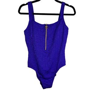 VTG Athena Purple Textured Backless One-Piece Swimsuit Gold Front Zipper Sz 16